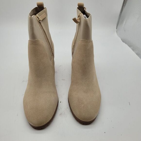 New Beige Leather ankle Boots Violet & Red Loaded Stacked Heel Neutral Size 8.5 - Picture 3 of 9